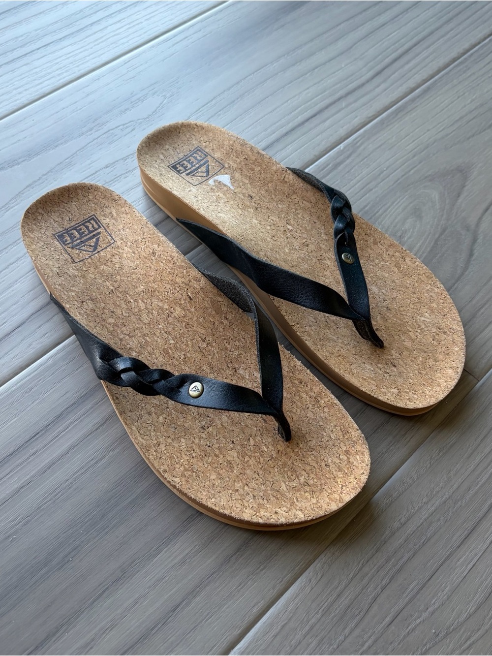 NWOT Reef Women's Black Cork Footbed Flip Flops